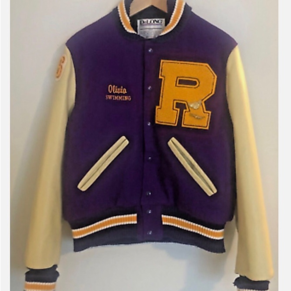 Vintage 90s Y2K Delong Jacket Varsity Letterman Purple Gold High School Youth XL